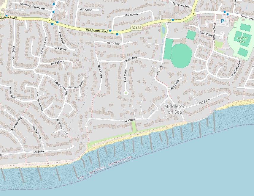 Street map of Middleton on Sea showing Middleton Road along the top and the sea along the bottom, with The Byway, Merry End, South Walk, East Close, West Close, Sea Lane, Sea Close, Old Point and Sea Way between them, and the Greensward and groynes along the shore