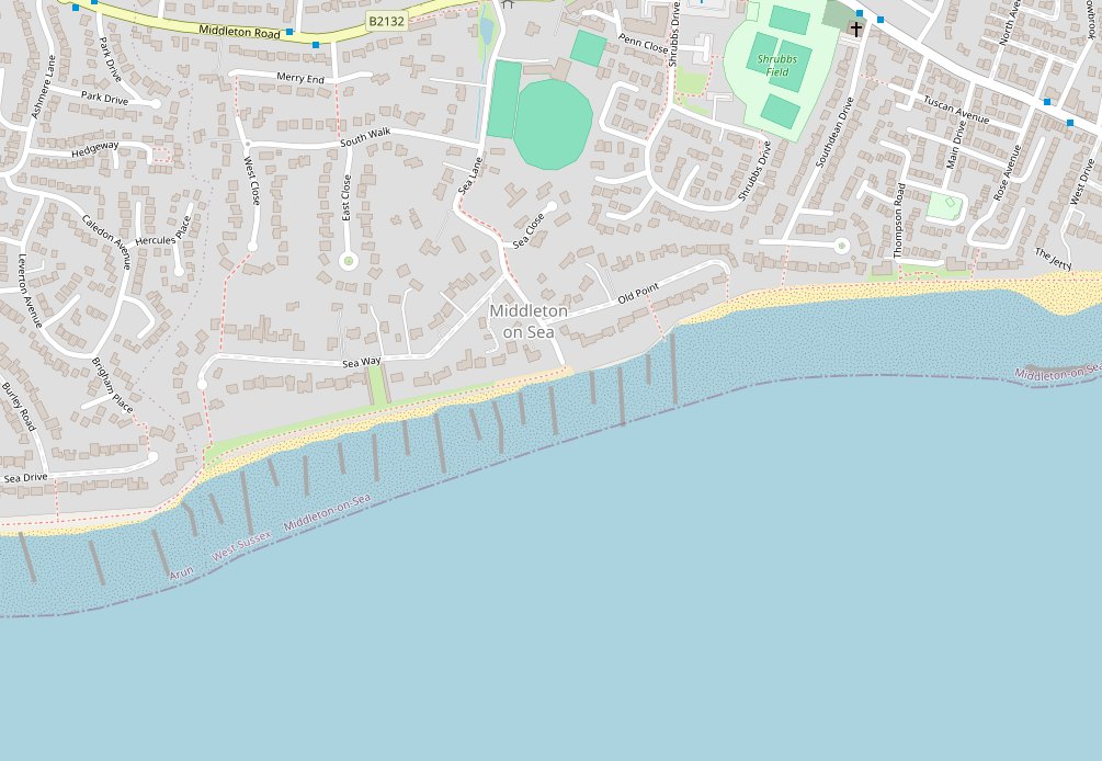 Street map of the south end of Sea Lane at Middleton on Sea, showing where the lane meets the coast and the open water beyond it