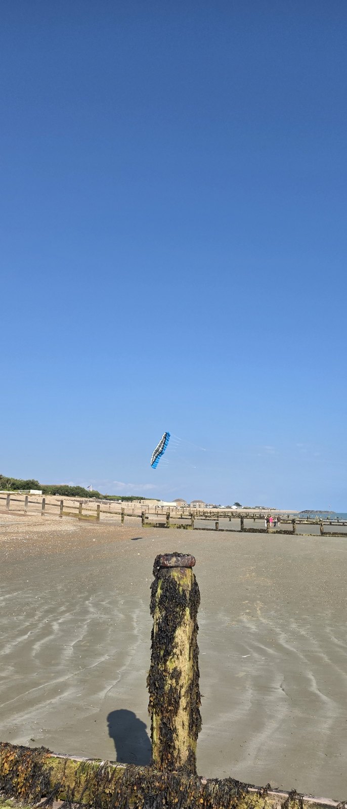 A blue power kite flying above the beach at low tide, with the groynes running out across wet sand and the seafront in the distance