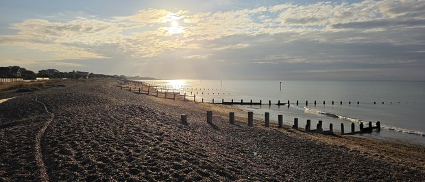 Early morning August sun over the sea, with lines of timber groynes running out from the shingle beach