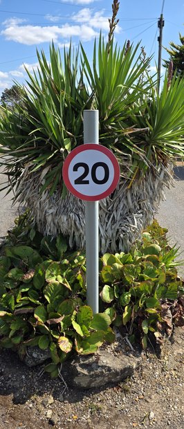 A 20 mph roundel standing in a planted bed beside an estate road