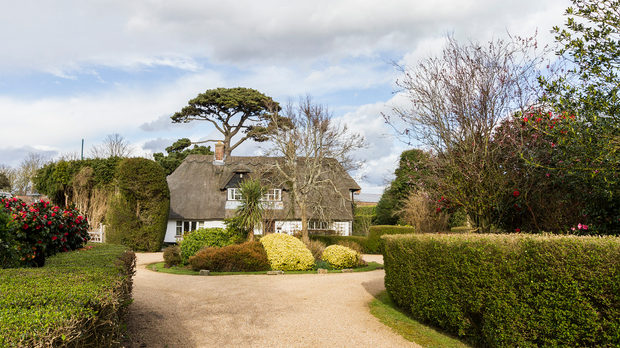 A thatched cottage behind clipped hedges and a gravel drive