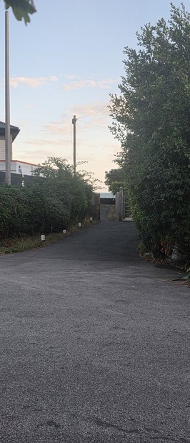 The twitten from Sea Lane down to the Greensward, a narrow path towards the sea under an evening sky