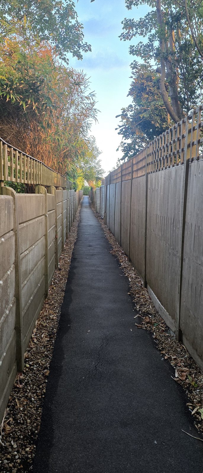 A long narrow tarmac path running between a close-boarded fence on one side and shrubs and small trees on the other, with a strip of gravel and fallen leaves along the fence line and paving slabs in the foreground